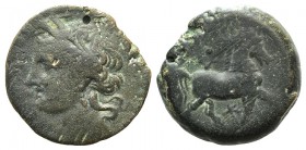 Carthage, c. 201-175 BC. Æ (28mm, 17.23g, 12h). Wreathed head of Tanit l. R/ Horse advancing r.; dot above, Punic letter below. Cf. SNG Copenhagen 409...