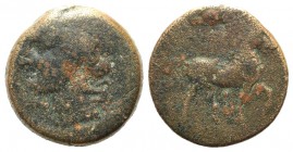 Carthage, c. 201-175 BC. Æ (29mm, 21.28g, 12h). Wreathed head of Tanit l. R/ Horse advancing r.; Punic letter below. Cf. SNG Copenhagen 409-413. Brown...
