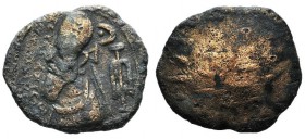 Kings of Elymais, Orodes I (c. mid-late 1st century AD). Æ Tetradrachm (28mm, 13.65g). Ddiademed bust l., wearing tiara with anchor symbol; behind, pe...