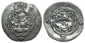 Sasanian Kings of Persia. Khusrau II (590-628). AR Drachm (30mm, 4.08g, 3h). BN (uncertain city in Kirman). Crowned bust r. R/ Fire altar flanked by a...