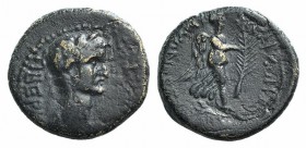 Tiberius (14-37). Caria, Antioch ad Maeandrum. Æ (19mm, 4.18g, 12h). Laureate head r. R/ Nike advancing r., holding palm. RPC I 2836. Rare, dark patin...