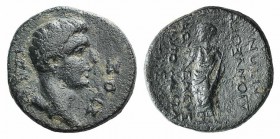 Tiberius (14-37). Phrygia, Dionysopolis. Æ (18mm, 4.71g, 12h). Idromeneus philopatris, magistrate. Bare head r. R/ Dionysos standing l., holding thyrs...
