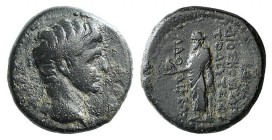 Tiberius (14-37). Phrygia, Laodicea ad Lycum. Æ (18mm, 5.87g, 11h). Dioskourides, magistrate. Bare head r. R/ Zeus Laodikeios standing l., holding eag...