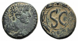 Tiberius (14-37). Seleucis and Pieria, Antioch. Æ As (28mm, 17.00g, 12h), 31/2 AD. Laureate head r. R/ Large S C within wreath. RPC I 4272; SNG Copenh...