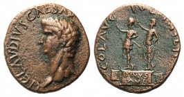 Claudius (41-54). Macedon, Philippi. Æ (26mm, 9.55g, 6h). Bare head l. R/ Divus Augustus standing l. on base, being crowned by a Genius; altars flanki...