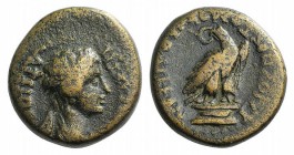 Agrippina Junior (Augusta, 50-59). Phrygia, Laodicea ad Lycum. Æ (15.5mm, 4.57g, 12h). Gaios Postomos, magistrate, c. AD 55. Draped bust r. R/ Eagle s...