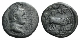Titus (79-81). Pisidia, Antioch. Æ (21mm, 5.87g, 6h). Laureate head r. R/ Founder plowing r.; crescent above. RPC II 1605; Kryzanowska I/2; SNG BnF 10...