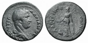 Hadrian (117-138). Mysia, Hadriani ad Olympum. Æ (27mm, 10.36g, 6h). Laureate, draped and cuirassed bust r. R/ Athena standing l., holding patera and ...