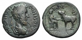 Commodus (177-192). Mysia, Parium. Æ (22mm, 5.25g, 6h). Laureate, draped and cuirassed bust r. R/ Asclepius seated r., examining hoof of a bull. SNG B...