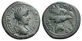 Commodus (Caesar, 166-177). Troas, Alexandria. Æ (25mm, 7.02g, 6h). Laureate, draped and cuirassed bust r. R/ Eagle flying r., holding forepart of bul...