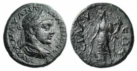Caracalla (198-211). Pamphylia, Sillyum. Æ (23mm, 8.52g, 12h). Laureate, draped and cuirassed bust r. R/ Tyche standing l., holding rudder and cornuco...