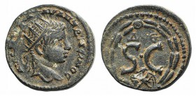 Elagabalus (218-222). Seleucis and Pieria, Antioch. Æ (20mm, 5.20g, 12h). Radiate head r. R/ S • C, Δ Є above, eagle below; all within laurel wreath. ...