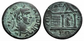 Severus Alexander (222-235). Troas, Alexandria Troas. Æ (24.5mm, 8.50g, 12h). Laureate head r. R/ Distyle temple, seen in perspective, containing stat...