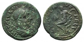 Philip I (244-249). Macedon, Pella. Æ (25mm, 8.90g, 12h). Laureate, draped and cuirassed bust r. R/ Pan seated l. on rocks, holding pedum and raising ...