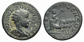 Philip II (247-249). Pisidia, Antioch. Æ (27mm, 11.52g, 6h). Radiate, draped and cuirassed bust r. R/ Philip driving quadriga r., holding reins and ea...