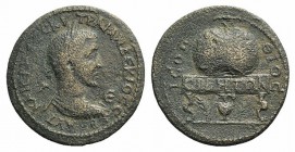 Trajan Decius (249-251). Pamphylia, Side. Æ (34mm, 14.03g, 6h). Laureate, draped and cuirassed bust r. R/ Prize crown set upon bench inscribed CIΔΗΤΩΝ...