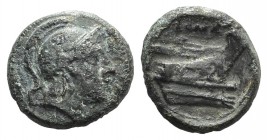 Anonymous, Rome, c. 217-215 BC. Æ Quartuncia (15mm, 2.90g, 11h). Helmeted head of Roma r. R/ Prow of galley r. Crawford 38/8. Green patina, near VF