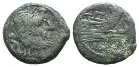 Anonymous, unofficial series (?), after 211 BC. Æ Semis (23mm, 10.10g, 6h). Laureate head of Saturn r. R/ Prow r.; S before. Cf. Crawford 56/3. Green ...