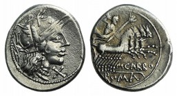 M. Papirius Carbo, Rome, 122 BC. AR Denarius (19mm, 3.90g, 2h). Helmeted head of Roma r.; behind, branch. R/ Jupiter in prancing quadriga r., hurling ...