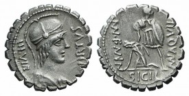 Mn. Aquillius Mn.f. Mn.n., Rome, 71 BC. AR Denarius (18mm, 3.55g, 6h). Helmeted bust r. of Virtus. R/ Aquillius standing facing, head r., holding shie...
