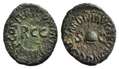 Gaius (Caligula, 37-41). Æ Quadrans (18mm, 2.59g, 6h). Rome, 40-41. Pileus between S C. R/ Large RCC. RIC I 52. Green patina, near VF