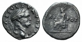 Vespasian (69-79). AR Denarius (17mm, 3.33g, 6h). Rome, 70-2. Laureate head r. R/ Vesta seated l., holding simpulum. RIC II 37; RSC 561. VF
