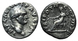 Vespasian (69-79). AR Denarius (167mm, 3.03g, 6h). Rome, 70-72. Laureate head r. R/ Pax seated l., holding caduceus and branch. RIC II 39; RSC 566. Ne...