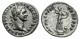 Domitian (81-96). AR Denarius (19mm, 3.22g, 5h). Rome, AD 86. Laureate head r. R/ Minerva standing r. on capital of rostral column, brandishing spear ...