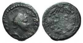 Domitian (81-96). Æ Quadrans (13mm, 2.58g, 6h). Rome, 81-2. Helmeted head of Minerva r. R/ S • C within laurel wreath. RIC II 123. Green patina, near ...