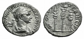 Trajan (98-117). AR Denarius (16mm, 3.18g, 7h). Rome, 112-5. Laureate and draped bust r. R/ Legionary eagle between vexillum and standard, surmounted ...