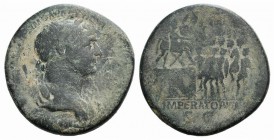 Trajan (98-117). Æ Sestertius (32mm, 20.53g, 6h). Rome, 114-6. Laureate and draped bust r. R/ Trajan seated r. on sella castrensis set on high platfor...