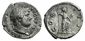 Hadrian (117-138). AR Denarius (18mm, 3.29g, 6h). Rome, 125-8. Laureate bust r., drapery on l. shoulder. R/ Roma standing r., holding spear and parazo...