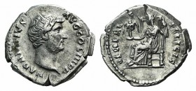 Hadrian (117-138). AR Denarius (20mm, 3.28g, 6h). Rome, 134-8. Bare head r. R/ Venus seated l., holding Cupid and spear. RIC II 280d; RSC 1449. VF