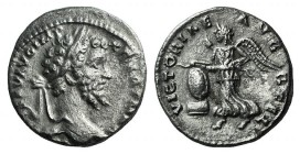 Septimius Severus (193-211). AR Denarius (17mm, 3.16g, 6h). Laodicea, 198-202. Laureate head r. R/ Victory flying l., holding wreath with both hands; ...