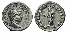 Caracalla (198-217). AR Denarius (17mm, 3.74g, 12h). Rome, AD 214. Laureate head r. R/ Caracalla standing l., holding branch and baton. RIC IV 246. RS...