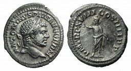 Caracalla (198-217). AR Denarius (18mm, 2.98g, 2h). Rome, AD 216. Laureate head r. R/ Serapis standing l., raising hand and holding sceptre. RIC IV 28...