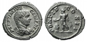 Geta (Caesar, 198-209). AR Denarius (18mm, 3.78g, 12h). Rome, AD 209. Bare-headed and draped bust r., R/ Geta, veiled and togate, standing l., sacrifi...