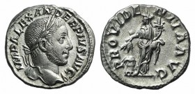 Severus Alexander (222-235). AR Denarius (18mm, 3.59 g, 6h). Rome, AD 231. Laureate bust r., with slight drapery on far shoulder. R/ Providentia stand...