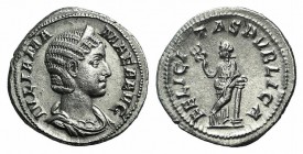 Julia Mamaea (Augusta, 222-235). AR Denarius (18mm, 2.61g, 7h). Rome, AD 228. Draped bust r. R/ Felicitas standing l., holding caduceus and resting ar...