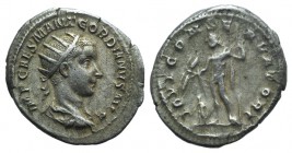 Gordian III (238-244). AR Antoninianus (22mm, 4.60g, 6h). Rome, 238. Radiate, draped and cuirassed bust r. R/ Jupiter standing l., holding thunderbolt...
