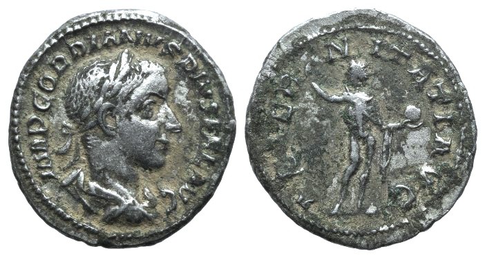 Gordian III (238-244). AR Denarius (19mm, 3.15g, 1h). Rome, 240-243. Laureate, d...