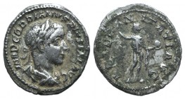 Gordian III (238-244). AR Denarius (19mm, 3.15g, 1h). Rome, 240-243. Laureate, draped and cuirassed bust r. R/ Sol, radiate, standing l., raising hand...