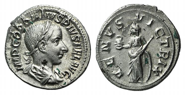Gordian III (238-244). AR Denarius (19mm, 2.96g, 1h). Rome, AD 240. Laureate, dr...