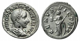 Gordian III (238-244). AR Denarius (19mm, 2.96g, 1h). Rome, AD 240. Laureate, draped and cuirassed bust r. R/ Venus standing l., holding helmet and sc...