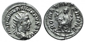 Philip I (244-249). AR Antoninianus (21mm, 3.48g, 6h). Rome, 246-7. Radiate, draped and cuirassed bust r. R/ Roma seated l. on shield, holding Victory...