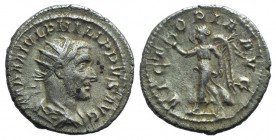 Philip I (244-249). AR Antoninianus (23mm, 4.47g, 12h). Rome, 244. Radiate, draped and cuirassed bust r. R/ Victory standing l., holding wreath and pa...