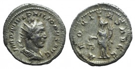 Philip I (244-249). AR Antoninianus (23mm, 4.02g, 12h). Rome, 247. Radiate, draped and cuirassed bust r. R/ Aequitas standing l., holding scales and c...