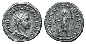 Philip II (Caesar, 244-247). AR Antoninianus (21mm, 4.75g, 6h). Rome, AD 246. Radiate and draped bust r. R/ Philip II standing l., holding globe and s...