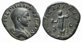 Philip II (Caesar, 244-247). Æ Sestertius (27mm, 16.11, 1h). Rome, AD 246. Bare-headed and draped young bust r. R/ Philip II in military attire, stand...