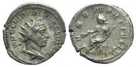 Trebonianus Gallus (251-253). AR Antoninianus (23mm, 3.67g, 7h). Rome, 252. Radiate, draped and cuirassed bust r. R/ Juno seated l., holding grain ear...